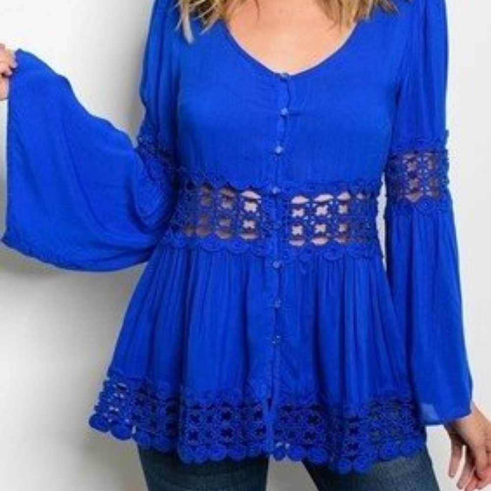 Royal Blue High Quality Bell Sleeve Crochet Top